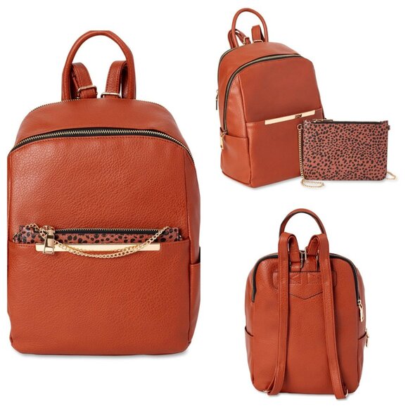 Time and Tru Women’s Brown Faux Leather Backpack Leopard Pouch, 9.75"x4.63"x12" - Picture 1 of 5